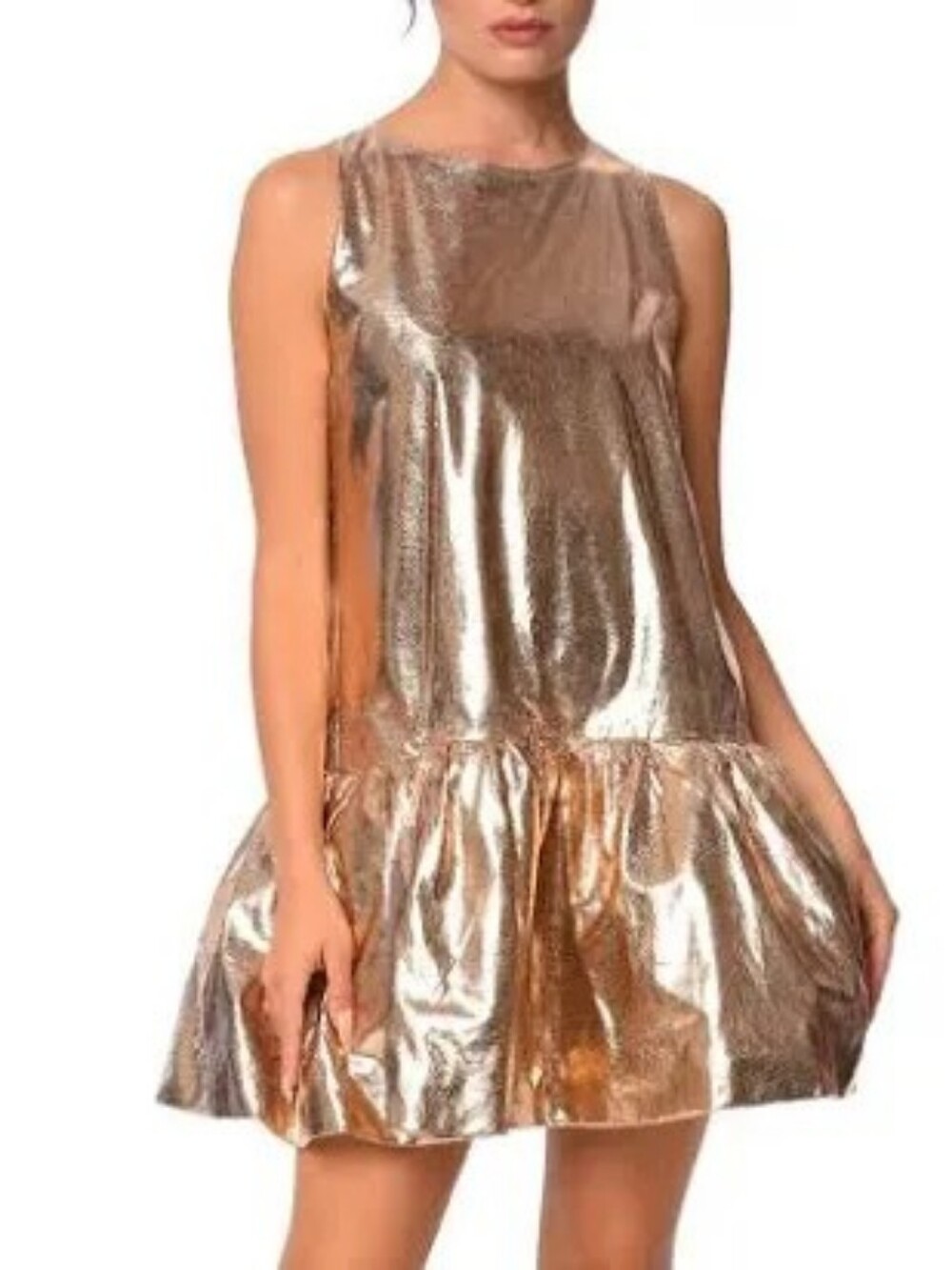 Ciebon Rose Gold Metallic Ruffle Shift Dress Size Medium
